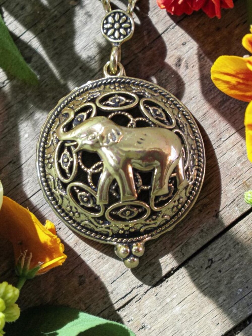 Golden Brass ELEPHANT Loupe Necklace 5X Magnifying Lens